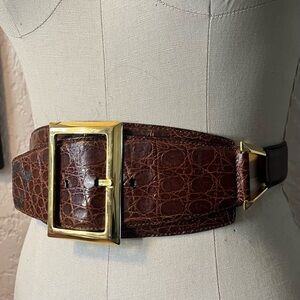 Salvatore Ferragamo Brown Croc-Embossed Leather Belt with Gold Buckle